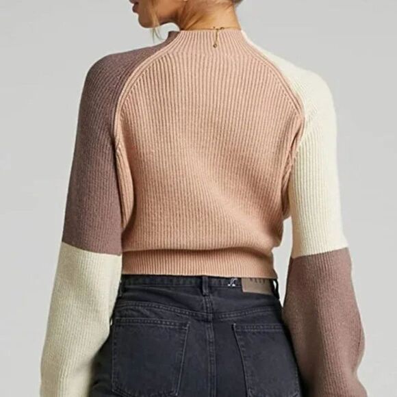 New Mock Neck Color Block Sweaters Knitted Pullover Tops Casual Lantern - Picture 2 of 6